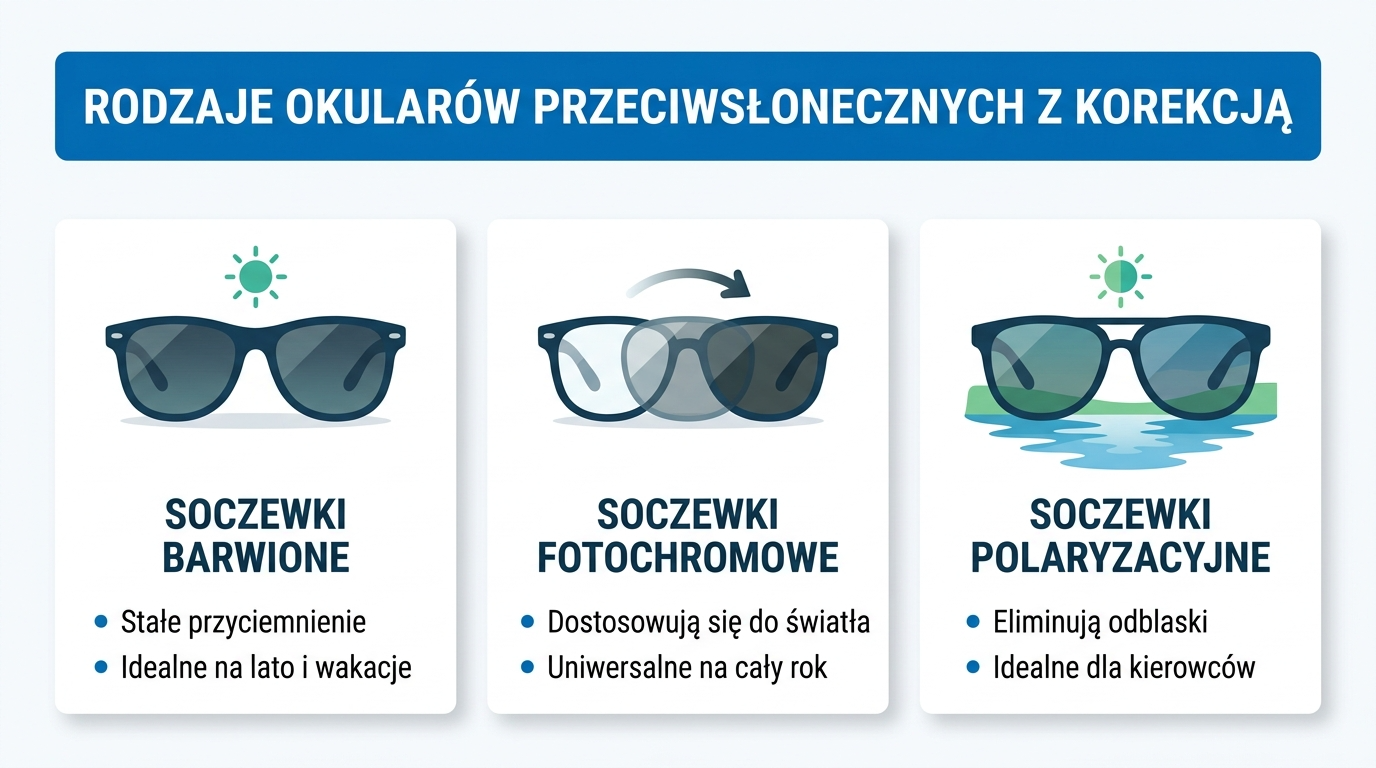 Przedstawia trzy główne typy: soczewki barwione, fotochromowe i polaryzacyjne