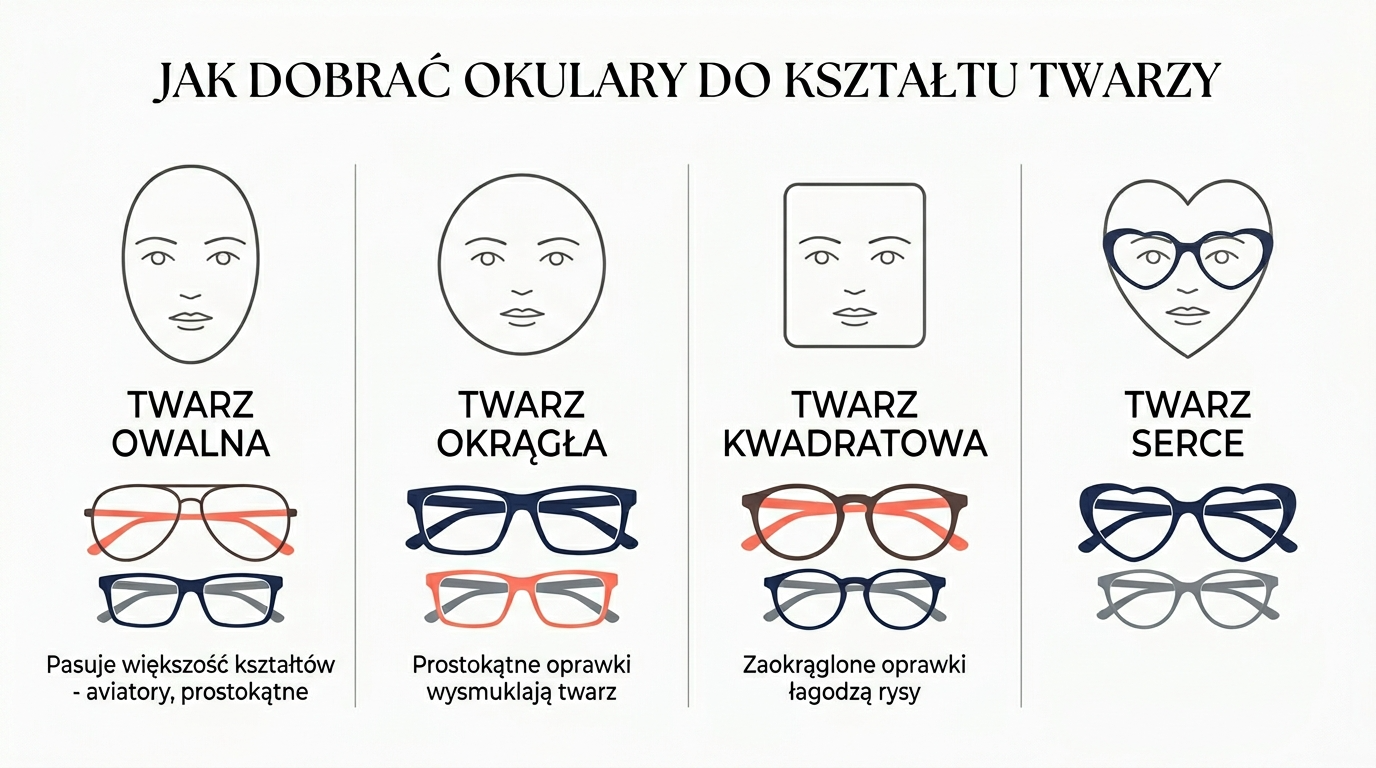 Przewodnik dopasowania oprawek do różnych kształtów twarzy (owalna, okrągła, kwadratowa, serce)